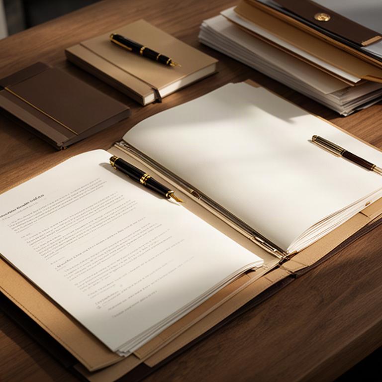 Detalle de una mesa de trabajo jurídica con expediente abierto y documentos cuidadosamente organizados