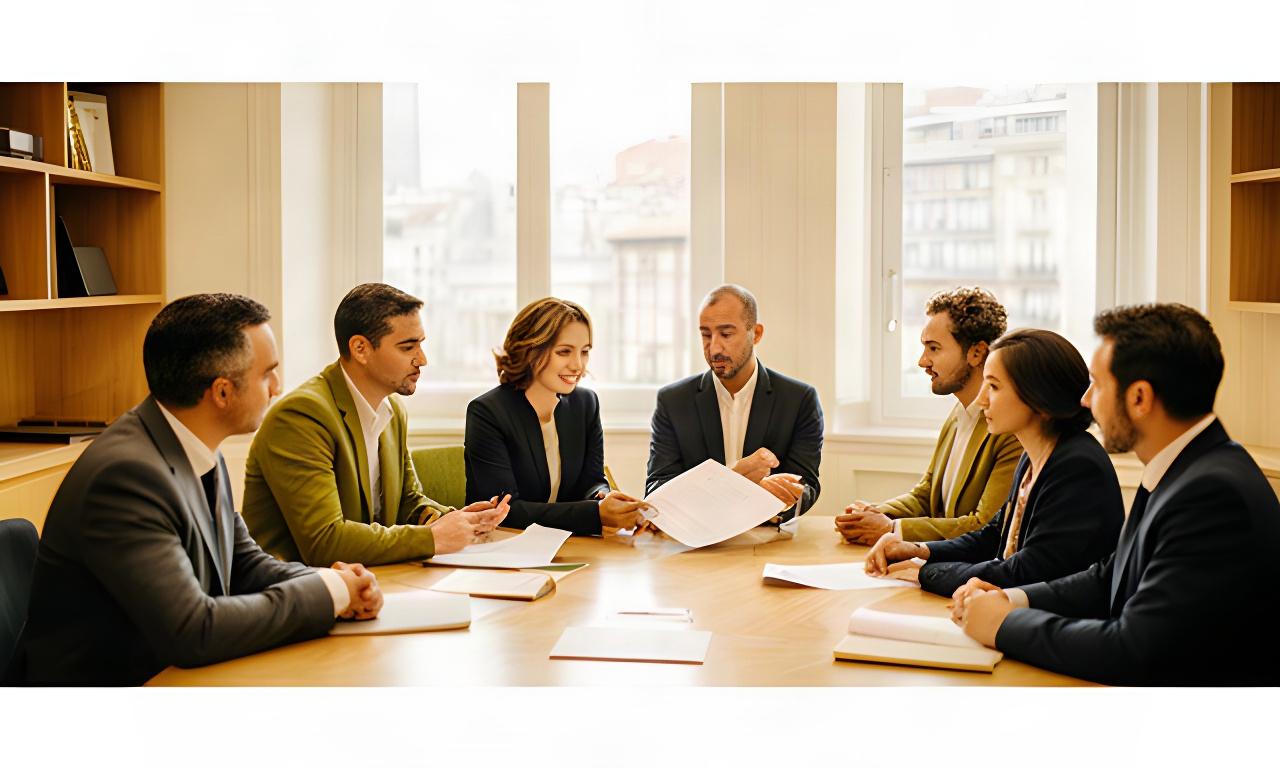 Abogados reunidos en una sala luminosa de Bilbao revisando un expediente sobre una mesa de madera