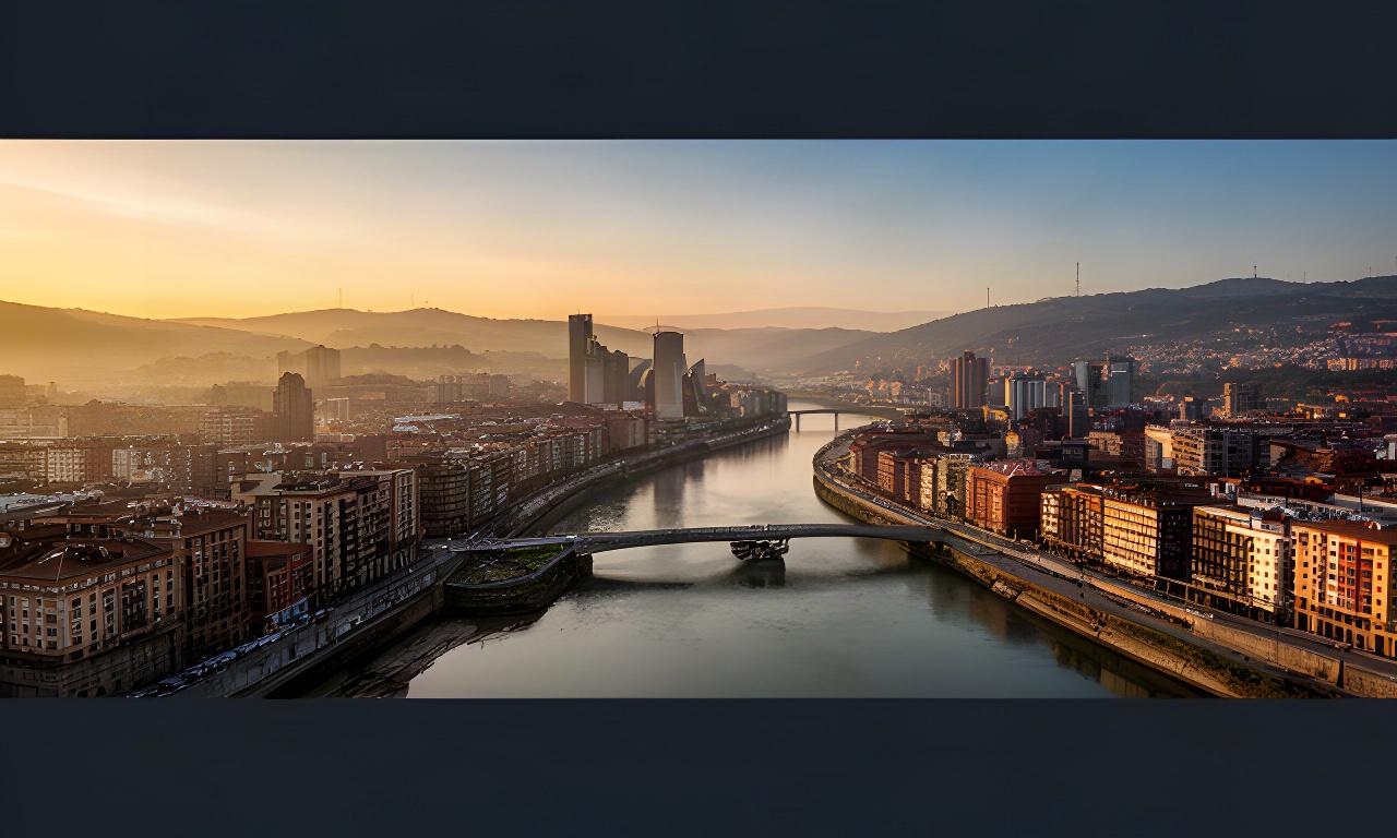 Vista panorámica de Bilbao al atardecer, con la ría y el perfil urbano sin personas