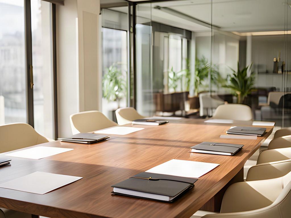 Sala de reuniones de un despacho jurídico en Bilbao, con mesa de madera, documentación ordenada y luz natural